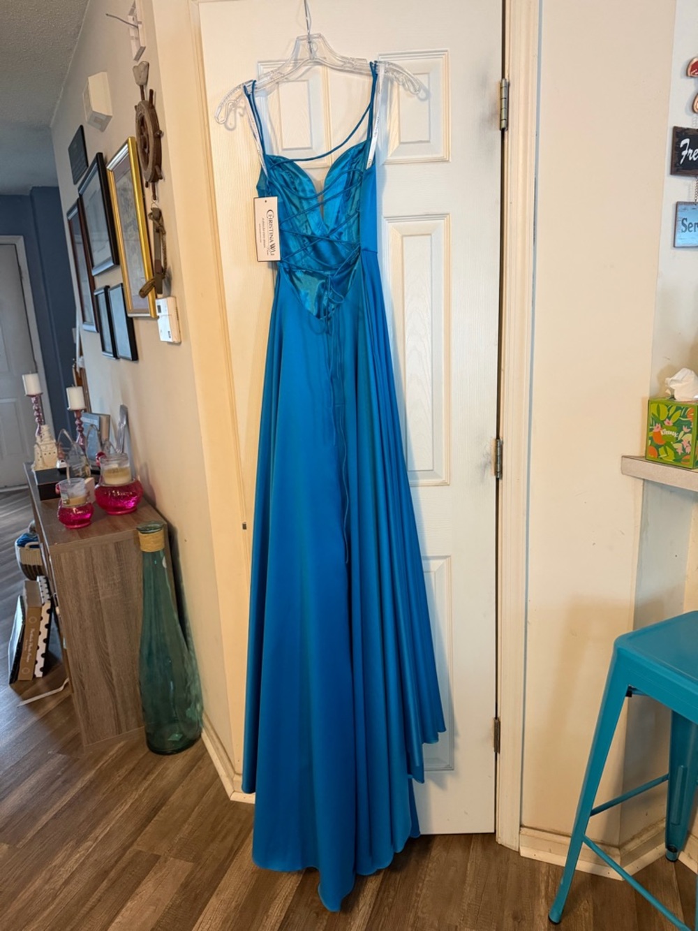 Elegant Teal Blue Spaghetti-Strap Evening Gown - Picture 2 of 4